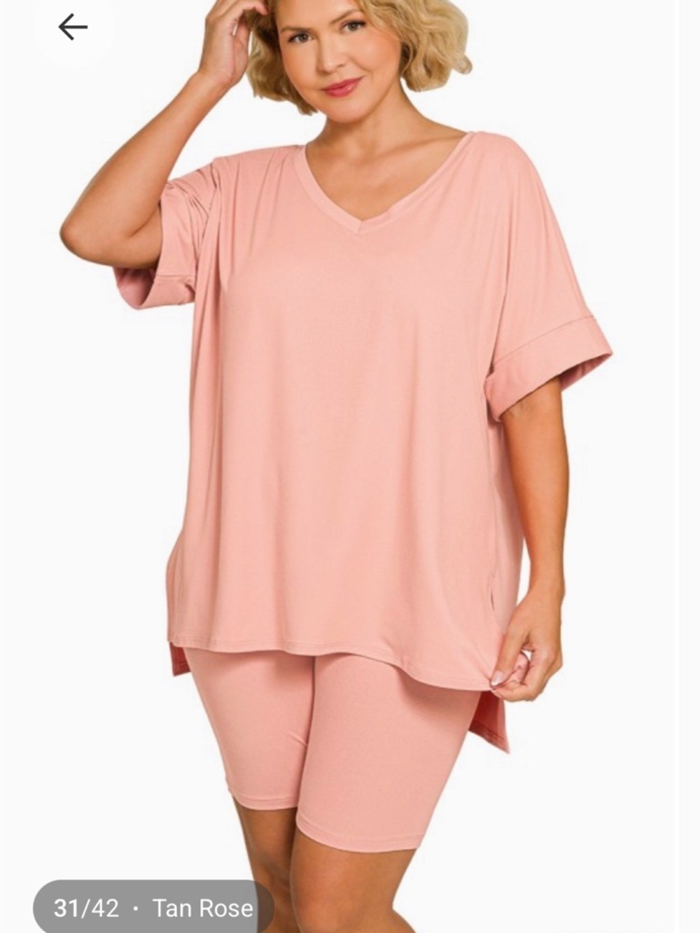 Plus Size V-Neck Lounge Top & Bike Shorts Set - Tan Rose
